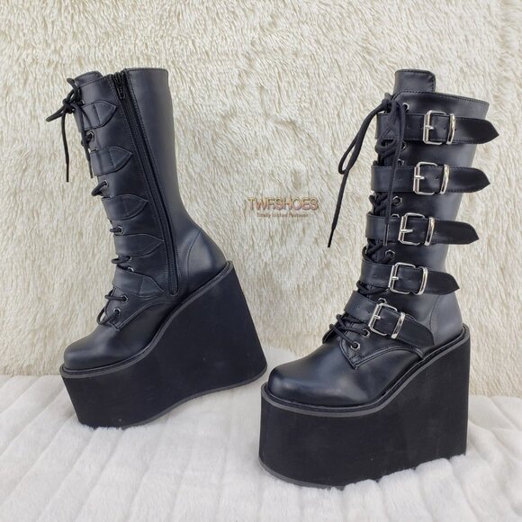 Swing 220 Multi Buckle Black Matte Leatherette Goth Mid-Calf Boot 5.5" Platforms - Picture 5 of 13